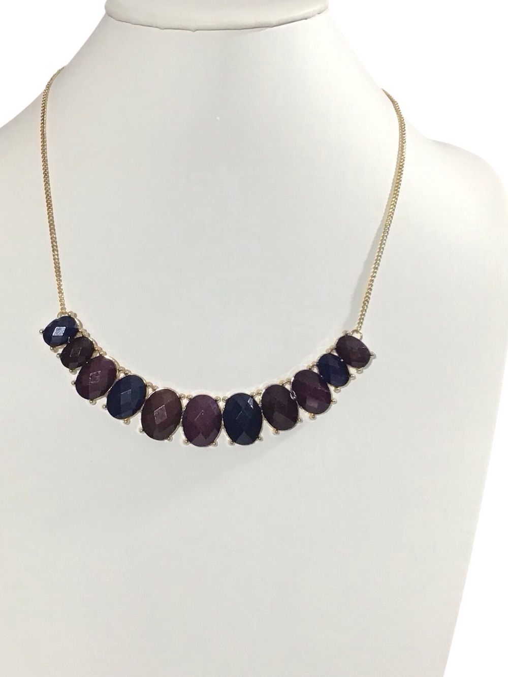 Round Faceted Necklace Dark Purple Navy Acrylic Gold Tone Chain Fashion Jewelry